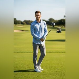 Rhone Men’s Shirt Polo Performance Stretch Button Up Dress Long Sleeve Blue Sz L